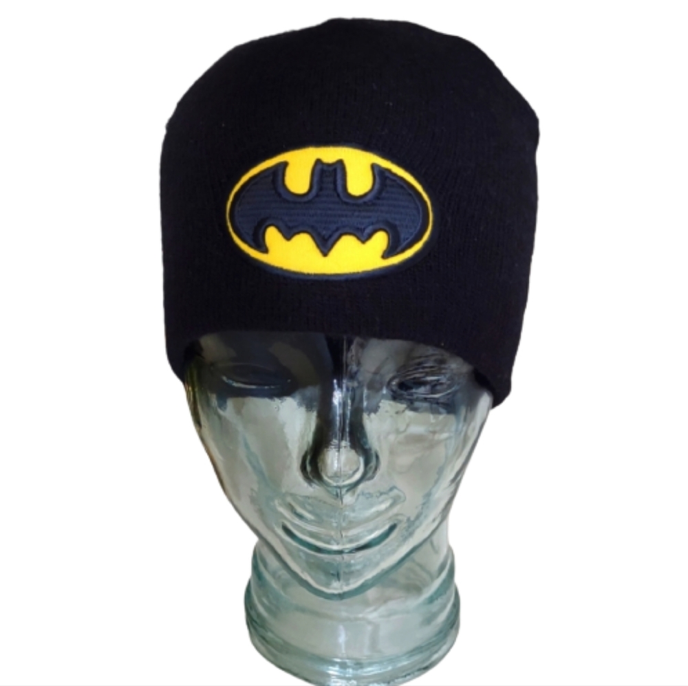 Vintage Warner Bros Men Beanie Hat Black Batman Logo Knit Winter Cap